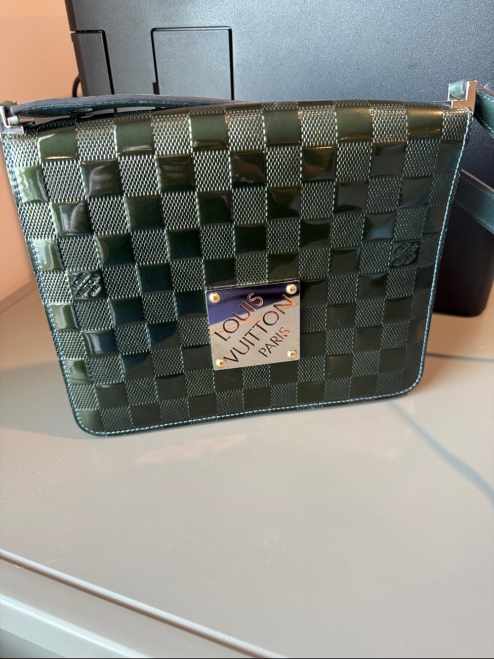 Louis Vuitton Dark Green Damier Patent Leather Bag with Metal Nameplate